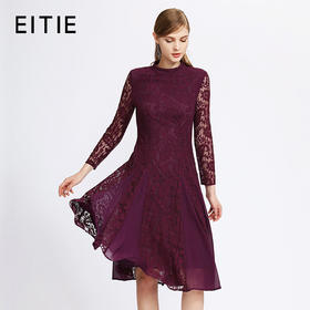EITIE爱特爱女装秋季新品优雅半高领蕾丝勾花七分袖A字连衣裙C1807146