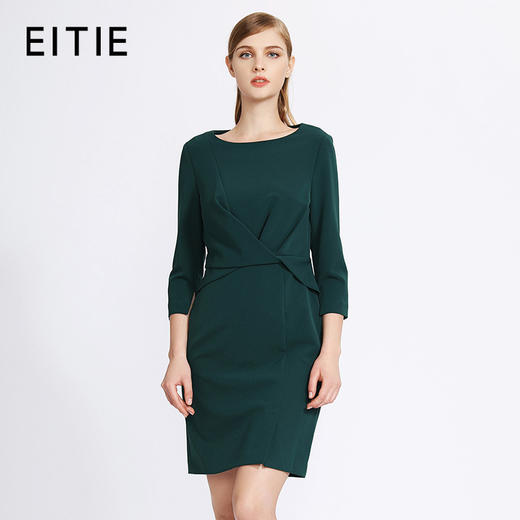 EITIE爱特爱女装秋季七分袖低圆领简约纯色褶皱连衣裙女5707419 商品图0