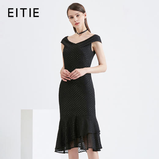 EITIE爱特爱女装早秋新款性感包袖一字领包臀钉珠鱼尾礼服裙5677305 商品图0