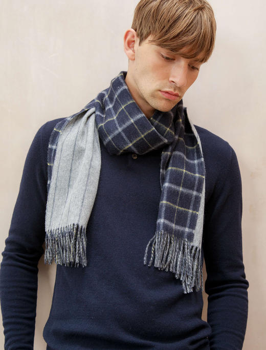 双面双色纯羊绒围巾 加宽 双窗格/灰色竖条 商品图1