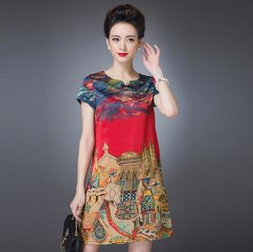 【服饰鞋包】夏季新款宽松短袖真丝连衣裙中长裙复古裙子中年妈妈装