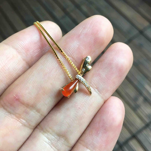 冰种红翡蜻蜓吊坠18k黄金钻石镶嵌 商品图7