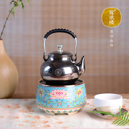 【莺歌烧旗舰店】莲花纹 宝蓝底 电陶炉 商品图1