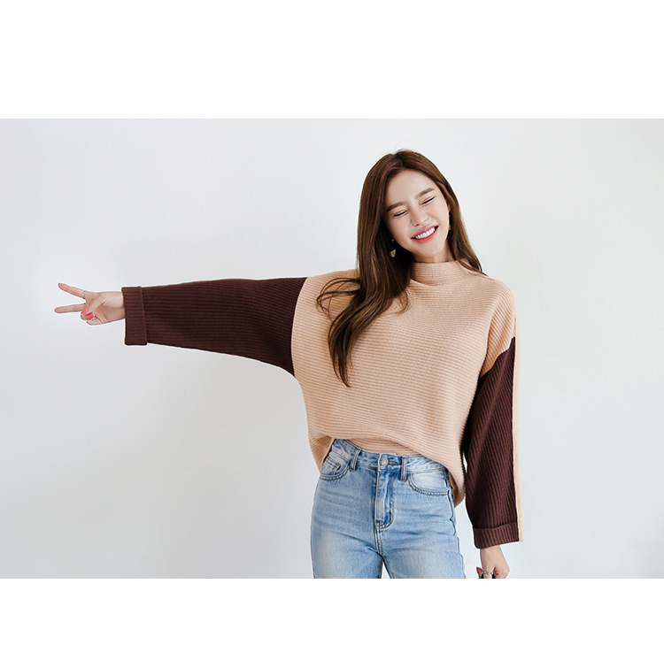 韩都衣舍2018秋装新款女装韩版撞色拼接宽松针织毛衣女jq00515樰