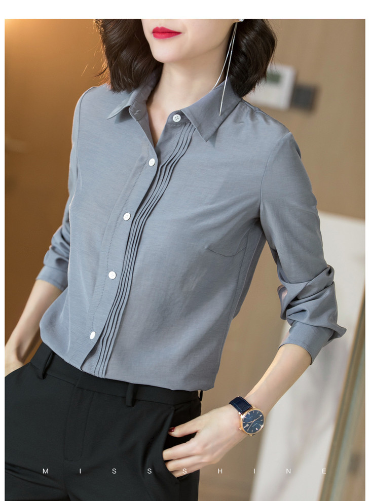 秋季新款优雅单排扣灰蓝色修身显瘦长袖衬衫休闲上衣hmj9592