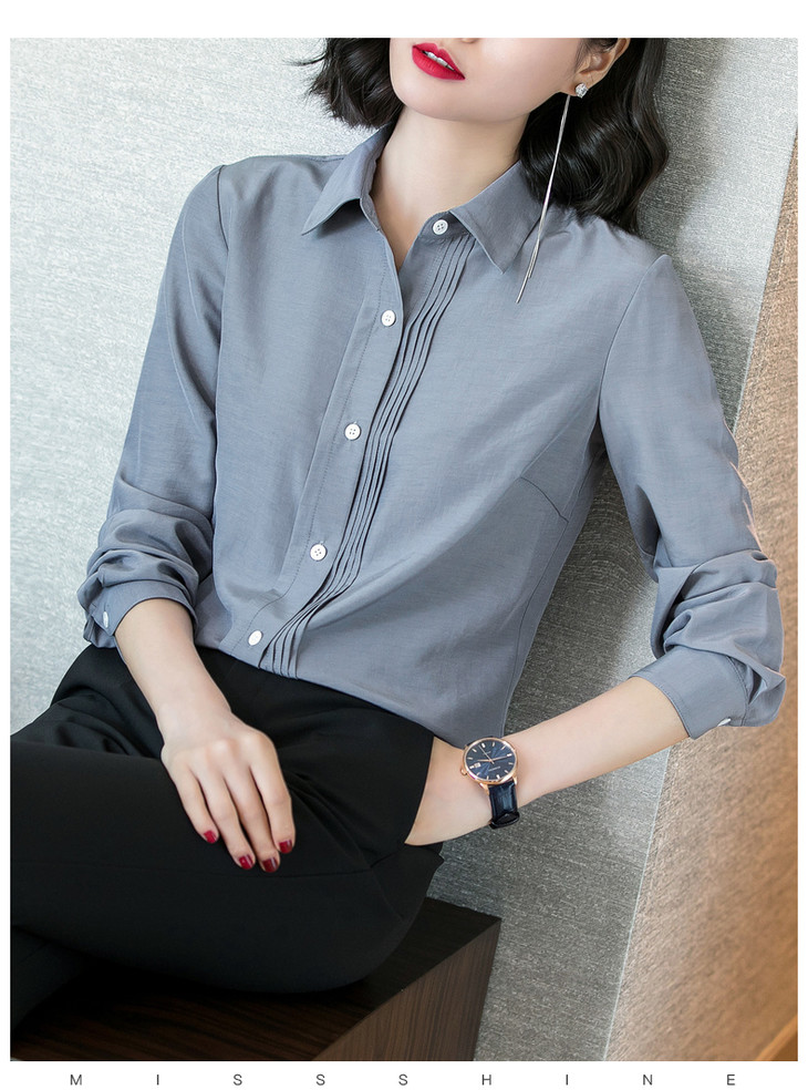 秋季新款优雅单排扣灰蓝色修身显瘦长袖衬衫休闲上衣hmj9592