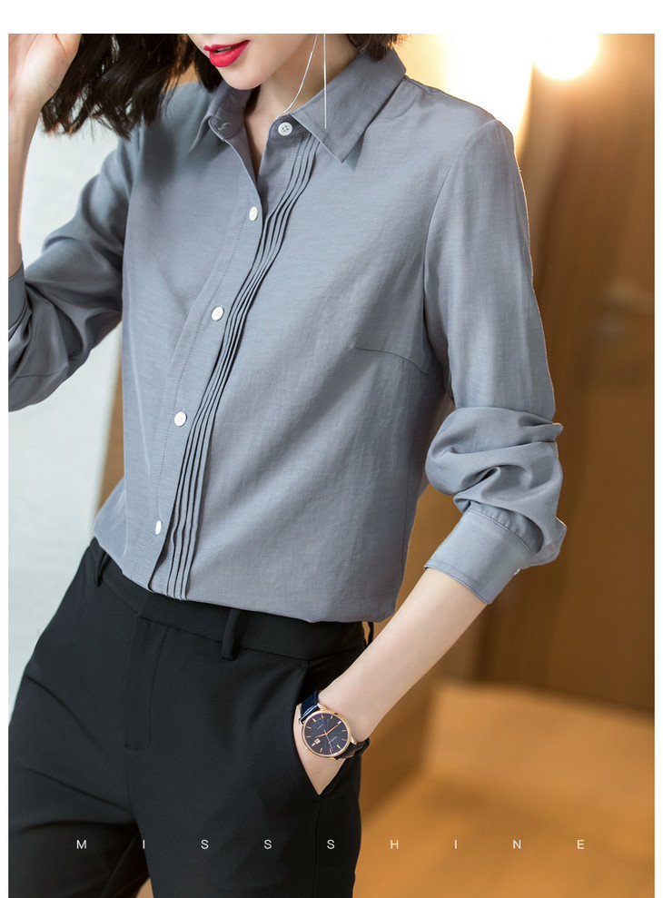 秋季新款优雅单排扣灰蓝色修身显瘦长袖衬衫休闲上衣hmj9592
