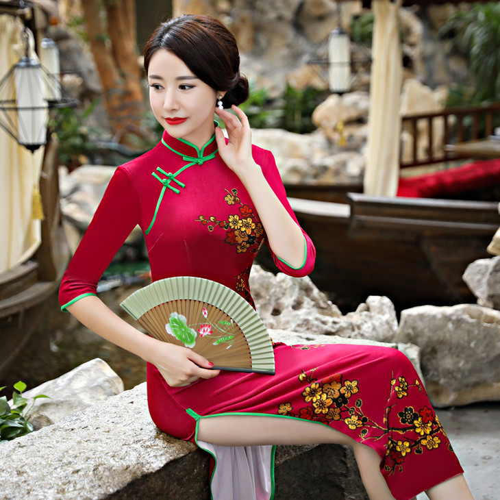 碧潭梅花改良修身时尚改良旗袍za梅花香红