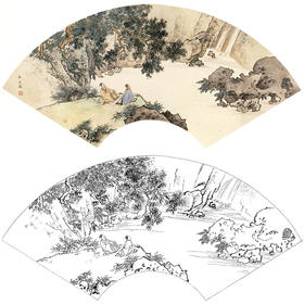 孙天牧工笔山水人物扇面小品白描底稿-《双翁观泉》-多种白描尺寸可选-ST08