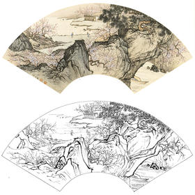 孙天牧工笔山水人物扇面小品白描底稿-《桃源梦境》-多种白描尺寸可选-ST16