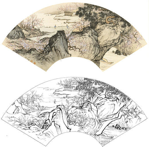 孙天牧工笔山水人物扇面小品白描底稿-《桃源梦境》-多种白描尺寸可选-ST16 商品图0