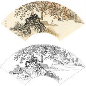 孙天牧工笔山水人物扇面小品白描底稿-《泛舟寻幽》-多种白描尺寸可选-ST10