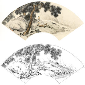 孙天牧工笔山水人物扇面小品白描底稿-《双松高士》-多种白描尺寸可选-ST13