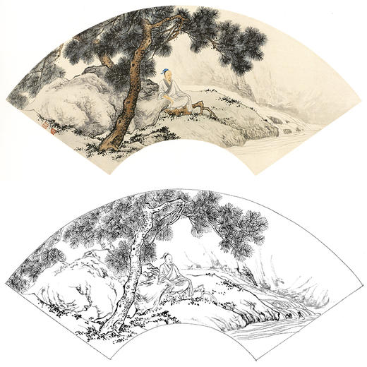 孙天牧工笔山水人物扇面小品白描底稿-《双松高士》-多种白描尺寸可选-ST13 商品图0