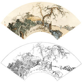 孙天牧工笔山水人物扇面小品白描底稿-《山居图》-多种白描尺寸可选-ST02
