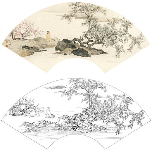 孙天牧工笔山水人物扇面小品白描底稿-《独坐赏春图》-多种白描尺寸可选-ST11 商品图0