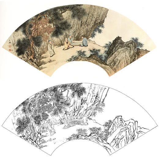 孙天牧工笔山水人物扇面小品白描底稿-《山下观奕》-多种白描尺寸可选-ST18 商品图0