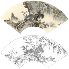 孙天牧工笔山水人物扇面小品白描底稿-《壁立千仞》-多种白描尺寸可选-ST01