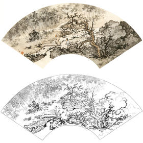 孙天牧工笔山水人物扇面小品白描底稿-《独杖溪边》-多种白描尺寸可选-ST04