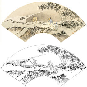 孙天牧工笔山水人物扇面小品白描底稿-《仿踏歌图》-多种白描尺寸可选-ST15