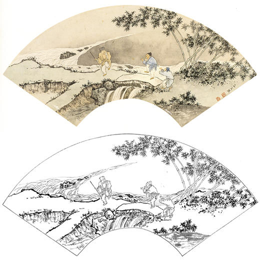 孙天牧工笔山水人物扇面小品白描底稿-《仿踏歌图》-多种白描尺寸可选-ST15 商品图0