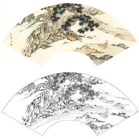 孙天牧工笔山水人物扇面小品白描底稿-《临流抚琴》-多种白描尺寸可选-ST17