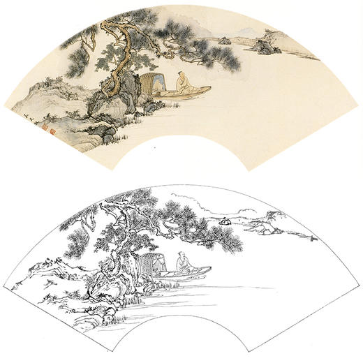 孙天牧工笔山水人物扇面小品白描底稿-《移舟泊烟处》-多种白描尺寸可选-ST12 商品图0