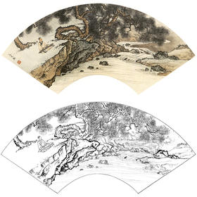 孙天牧工笔山水人物扇面小品白描底稿-《松下抚琴》-多种白描尺寸可选-ST03