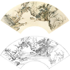 孙天牧工笔山水人物扇面小品白描底稿-《行到水帘处》-多种白描尺寸可选-ST06