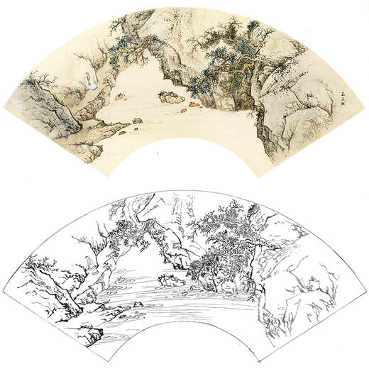 孙天牧工笔山水人物扇面小品白描底稿-《行到水帘处》-多种白描尺寸可选-ST06 商品图0