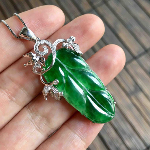 高冰种阳绿翡翠叶子18k白金钻石镶嵌 商品图7