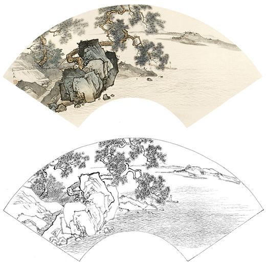 孙天牧工笔山水人物扇面小品白描底稿-《泛舟觅句》-多种白描尺寸可选-ST14 商品图0