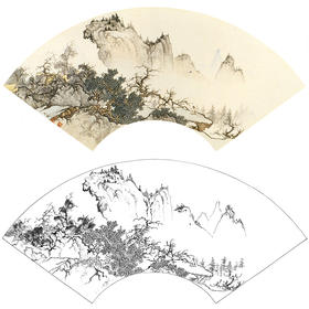 孙天牧工笔山水人物扇面小品白描底稿-《深山远眺》-多种白描尺寸可选-ST25
