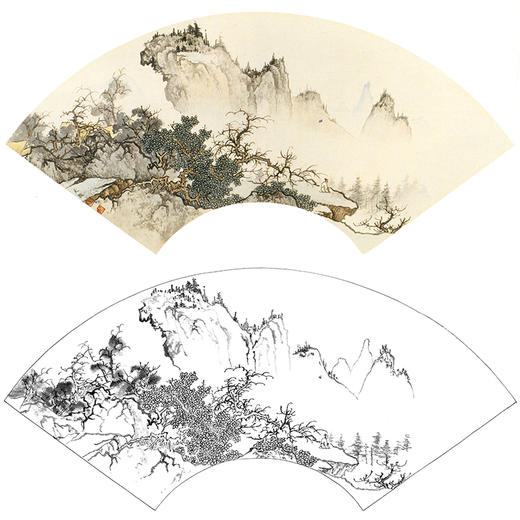 孙天牧工笔山水人物扇面小品白描底稿-《深山远眺》-多种白描尺寸可选-ST25 商品图0