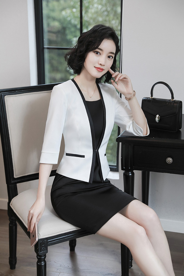 新款两件套中袖小西装ol套裙白色职业女士连衣裙套装ll1313