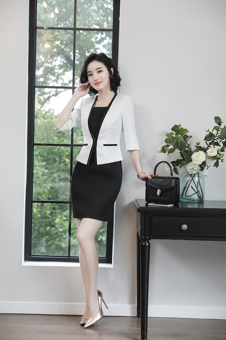 新款两件套中袖小西装ol套裙白色职业女士连衣裙套装ll1313