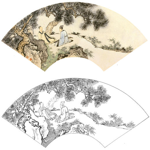 孙天牧工笔山水人物扇面小品白描底稿-《松声琴声》-多种白描尺寸可选-ST24 商品图0