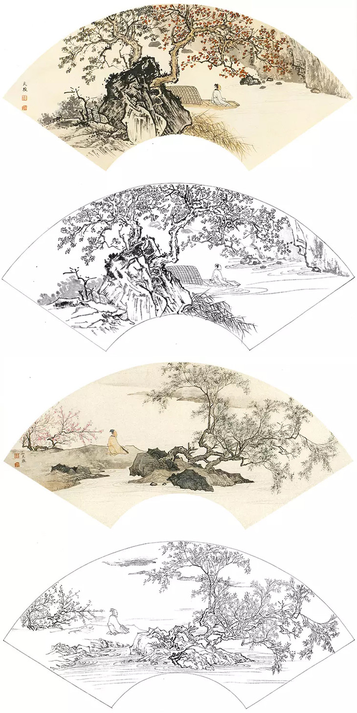 孙天牧工笔山水人物扇面小品白描底稿一套25幅册页st00