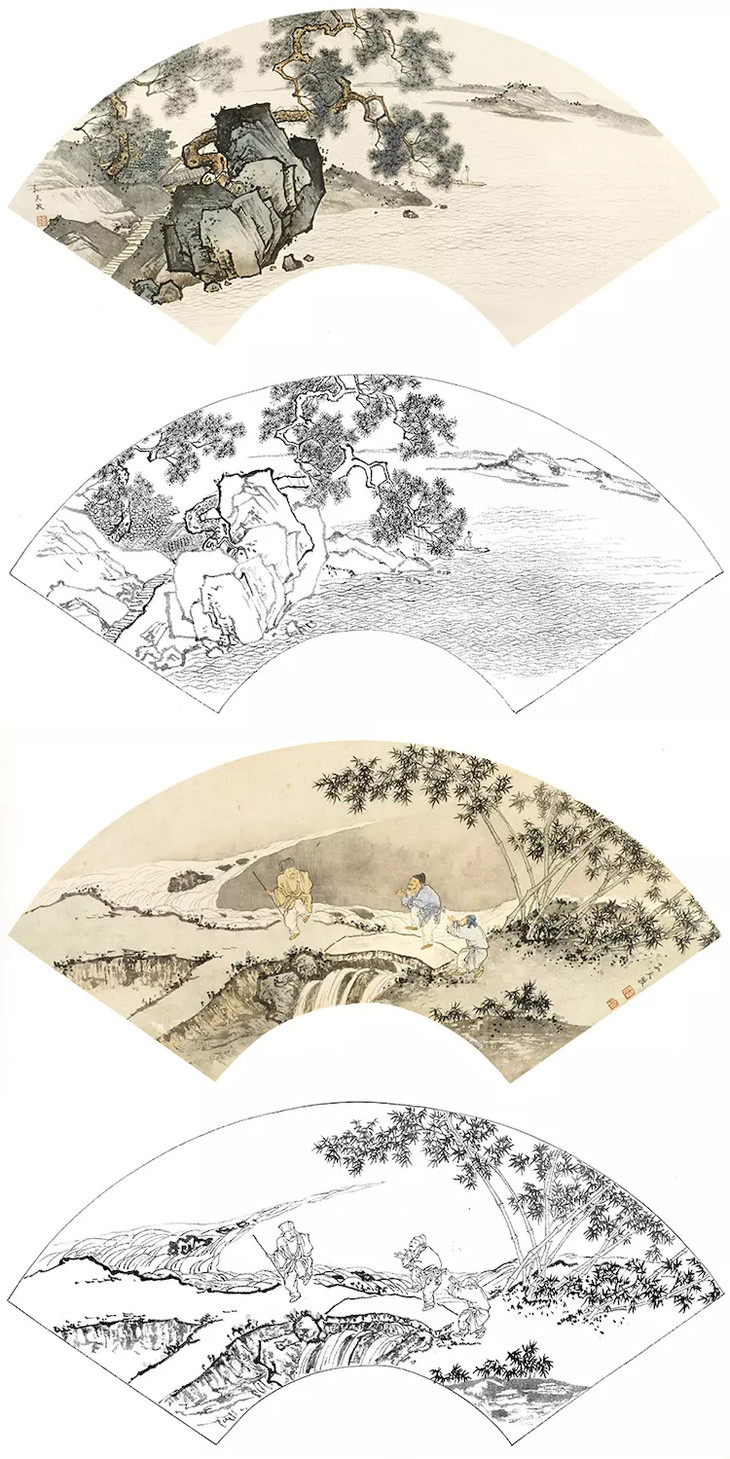 孙天牧工笔山水人物扇面小品白描底稿一套25幅册页