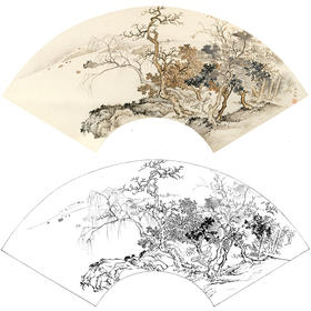 孙天牧工笔山水人物扇面小品白描底稿-《枫林觅句》-多种白描尺寸可选-ST21