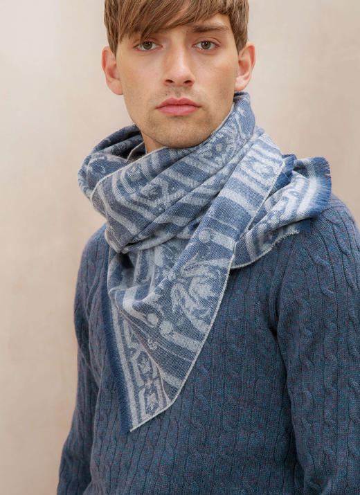 美利奴羊毛提花围巾 180x50cm 蓝色 商品图0