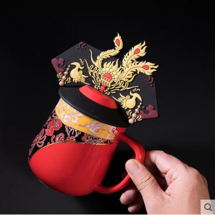 中国风咖啡杯陶瓷杯茶杯龙凤马克杯子创意皇帝皇后龙帽凤冠硅胶盖 商品图1