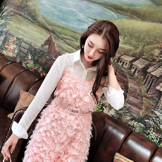 心子2018春装新款女装名媛羽毛流苏连衣裙套装淑女吊带裙两件套女