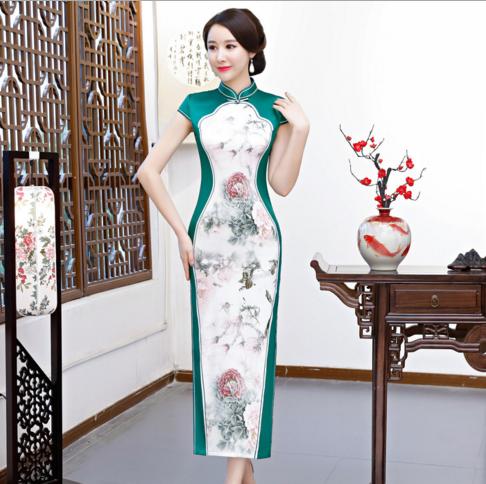 ZA  972 原创改良长款丝绸印花旗袍 商品图1