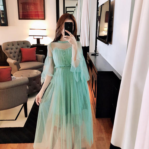 2018夏装新款复古温柔风仙女裙收腰抹胸裙子透视网纱连衣裙超仙女lqcj