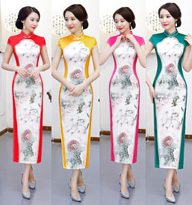 ZA  972 原创改良长款丝绸印花旗袍