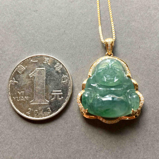 冰种晴水绿飘阳绿翡翠弥勒佛18k黄金钻石镶嵌 商品图4