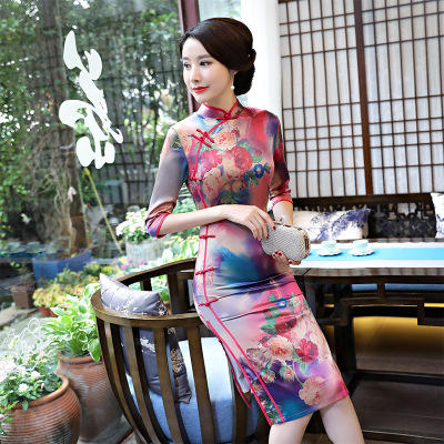 日常修身显瘦七分袖中长丝绸旗袍tx-028