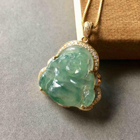 冰种晴水绿飘阳绿翡翠弥勒佛18k黄金钻石镶嵌