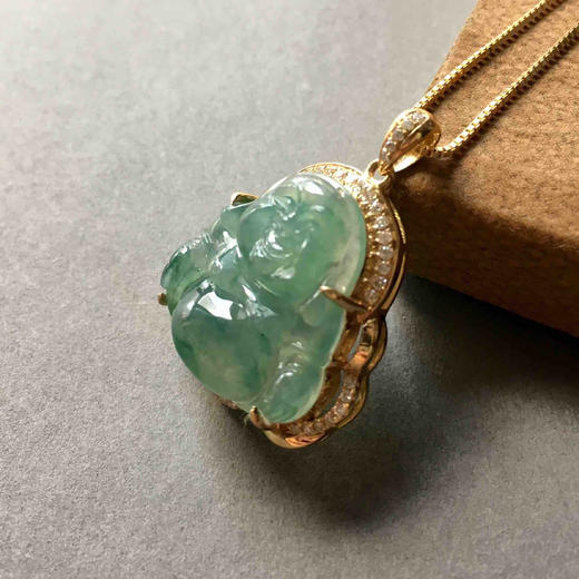 冰种晴水绿飘阳绿翡翠弥勒佛18k黄金钻石镶嵌 商品图1